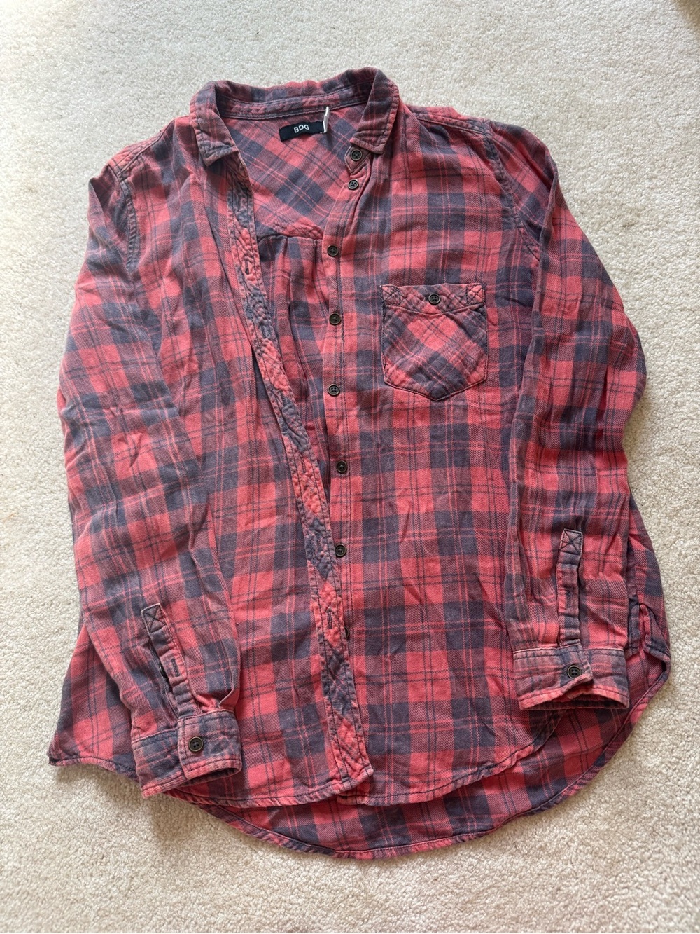 BDG Orange/Peach and Light Purple Plaid Button-Down Shirt